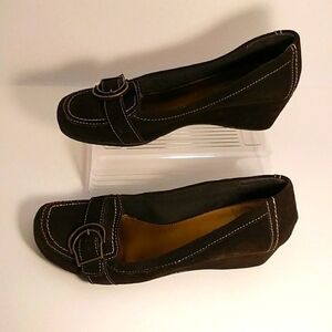 Kelly & Katie Brown Leather Suede Slip On Wedge Heels Loafers Shoes Size 9.5